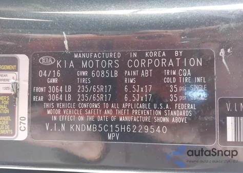 2017 Kia Sedona Lx from USA, damaged, VIN KNDMB5C15H6229540